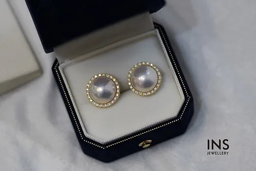 Saltwater Mabe Pearl Earrings Stud with Diamonds